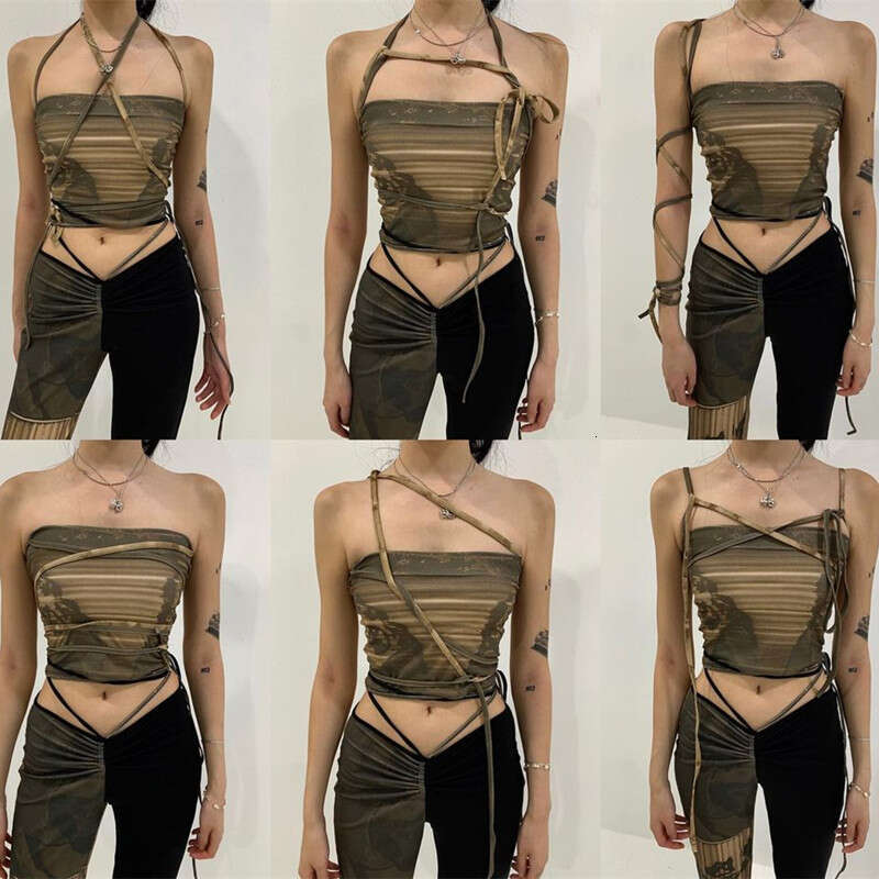 Bujia polyester 2025hot sel European American summer women's with tied straps, printed slim fit, exposed navel bottom vest, new style, chic and e