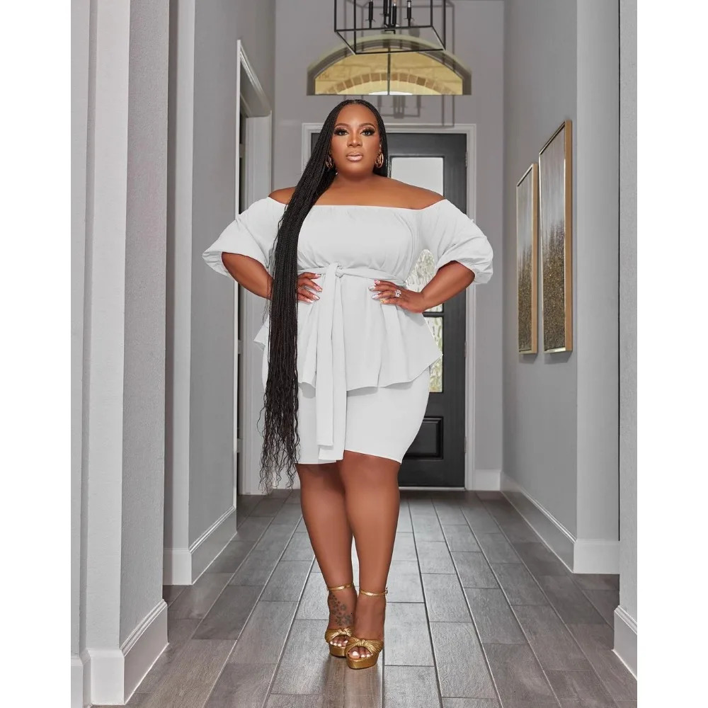Plus Size Two Piece Outfit In Matching Shorts Sets Loose Top with Bandage Summer Wholesale Drop 2024 250109
