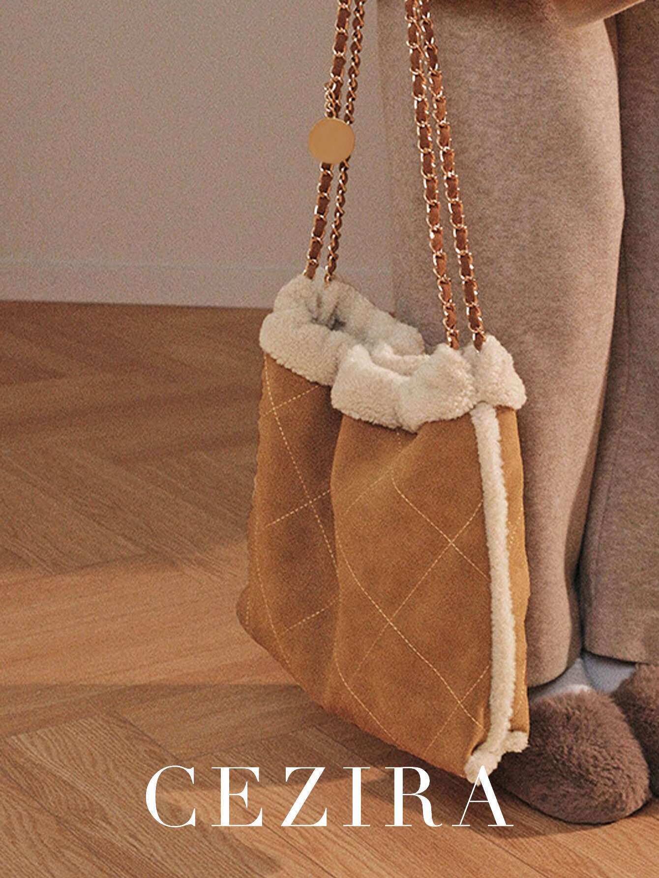 Winter Women's Fashion Large Casual Shoulder Bag Faux Plush Quilted Argyle Thread Chain Strap Handbag Commuting Travel