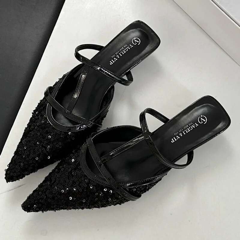 Summer Pointed Toe Mules Women Low Heel Shiny Dress Shoe Female Shallow Comfy Fashion Sgback Sandals Atos De Mujer