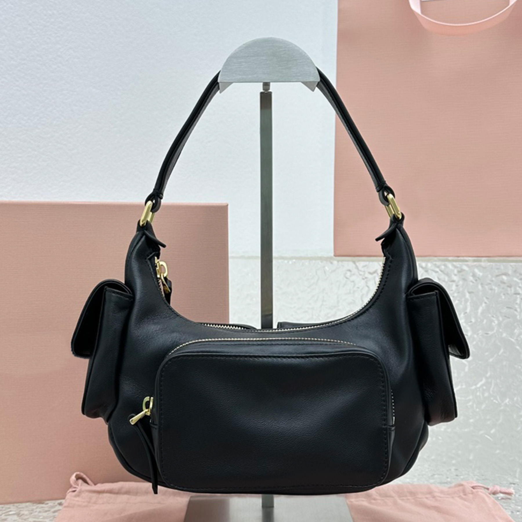 Top Quality 12A Nappa Leather Pocket Designer Gold Hardware Zipper Closure Shoulder Bag Cotton Satin ing Handbag Fashion Women Casual Shopping Purse