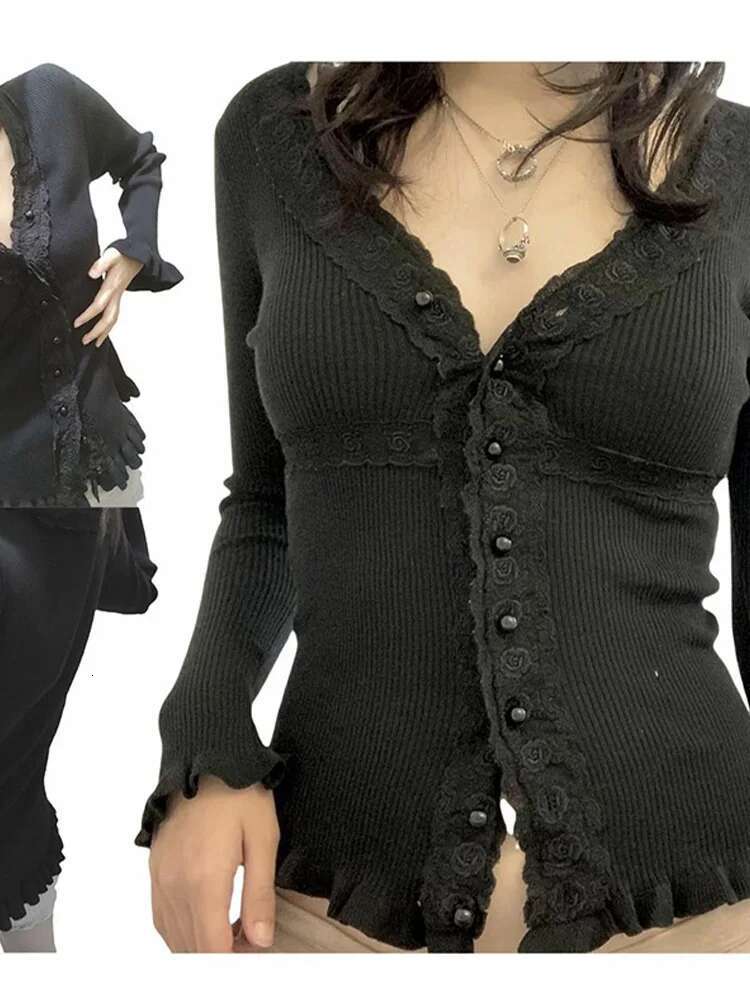 Lace Shirt Fairy Costume Y2k Aesthetic Single Breasted Long Sleeved Designer T-shirt Top Women's V-neck Ribbed T-shirt Street Wear