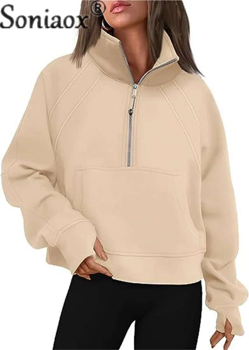 Women's Zipper Half Cardigan Splicing Pouch Thickened Sweatshirt Female Autumn Winter Stand-Up Collar Hoodie Outerwear