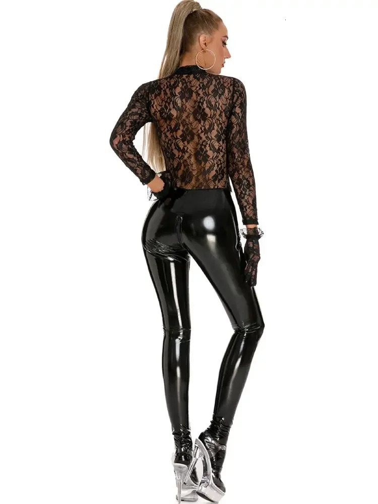 Wet Look PVC Catsuit Long Sleeve Zipper Open Crotch Bodysuit Lace Patchwork See Through Leotard Tight Sexy Clubwear Jumpsuit 250115