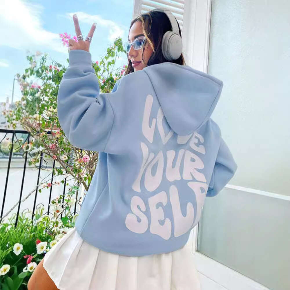 Women's fleece new back letter print hoodie with off shoulder sleeve thread