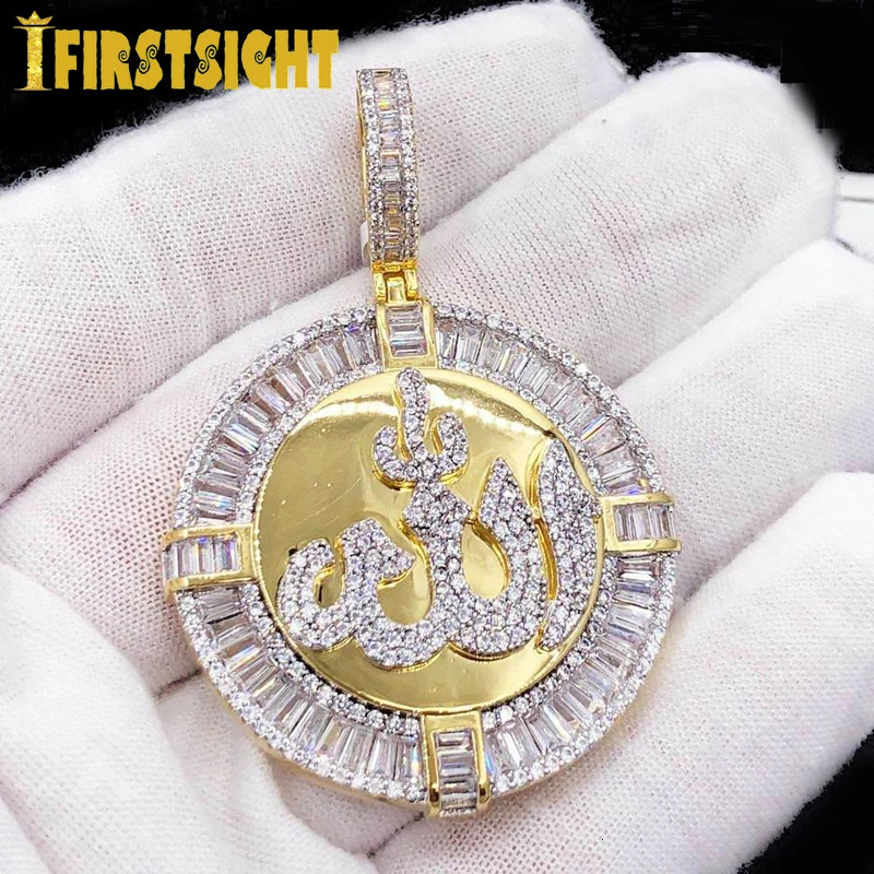 Iced Out Silver Color Round Muslims Necklace Pave Zircon Rectangle CZ Pendant Women Men Hip Hop Jewelry 250109