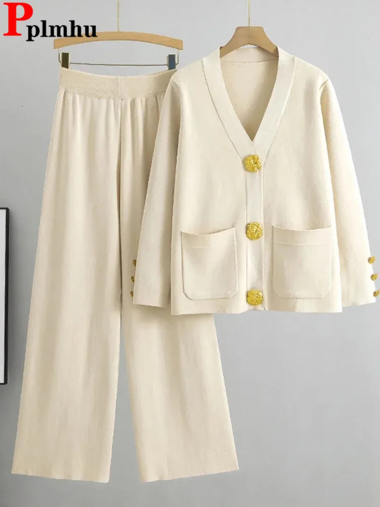 Elegant Knitted Sweater 2 Piece Set Loose Single Breasted Cardigan Tops Conjuntos High Waist Ankle Length Pants Tracksuit 250109