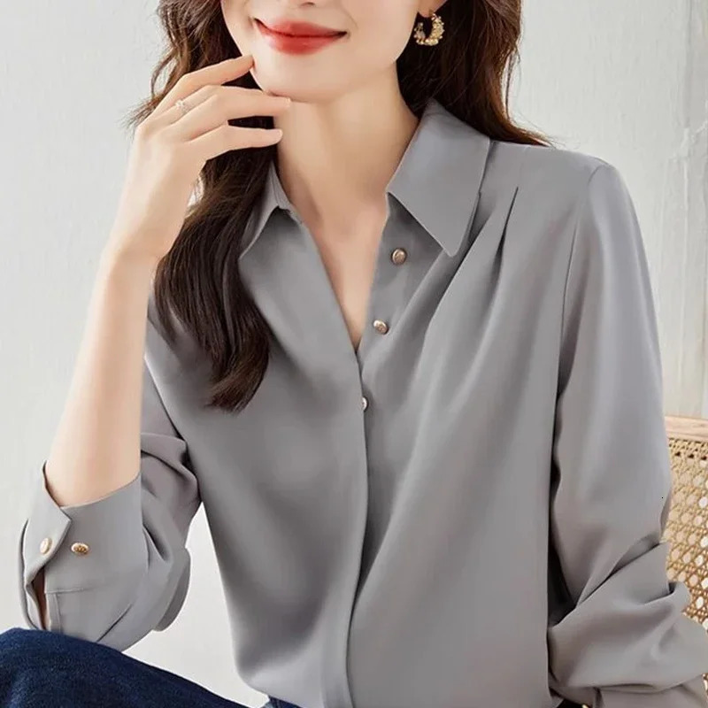 Autumn Original Fashion Casual Loose Gray Long Sleeved Shirt Loose Retro Comfortable Solid Color Womens Top 250107