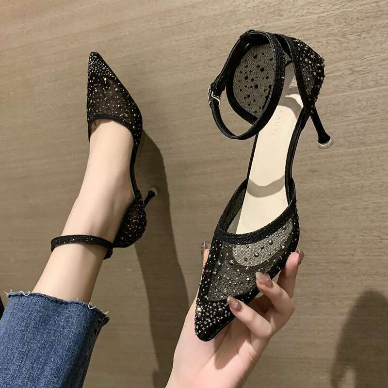 Women Heels Mesh Elegant Heeled Shoes Sexy Nude Wedding Bride Woman Dress Urban Gold Clear Rhie Pointed Toe Pumps