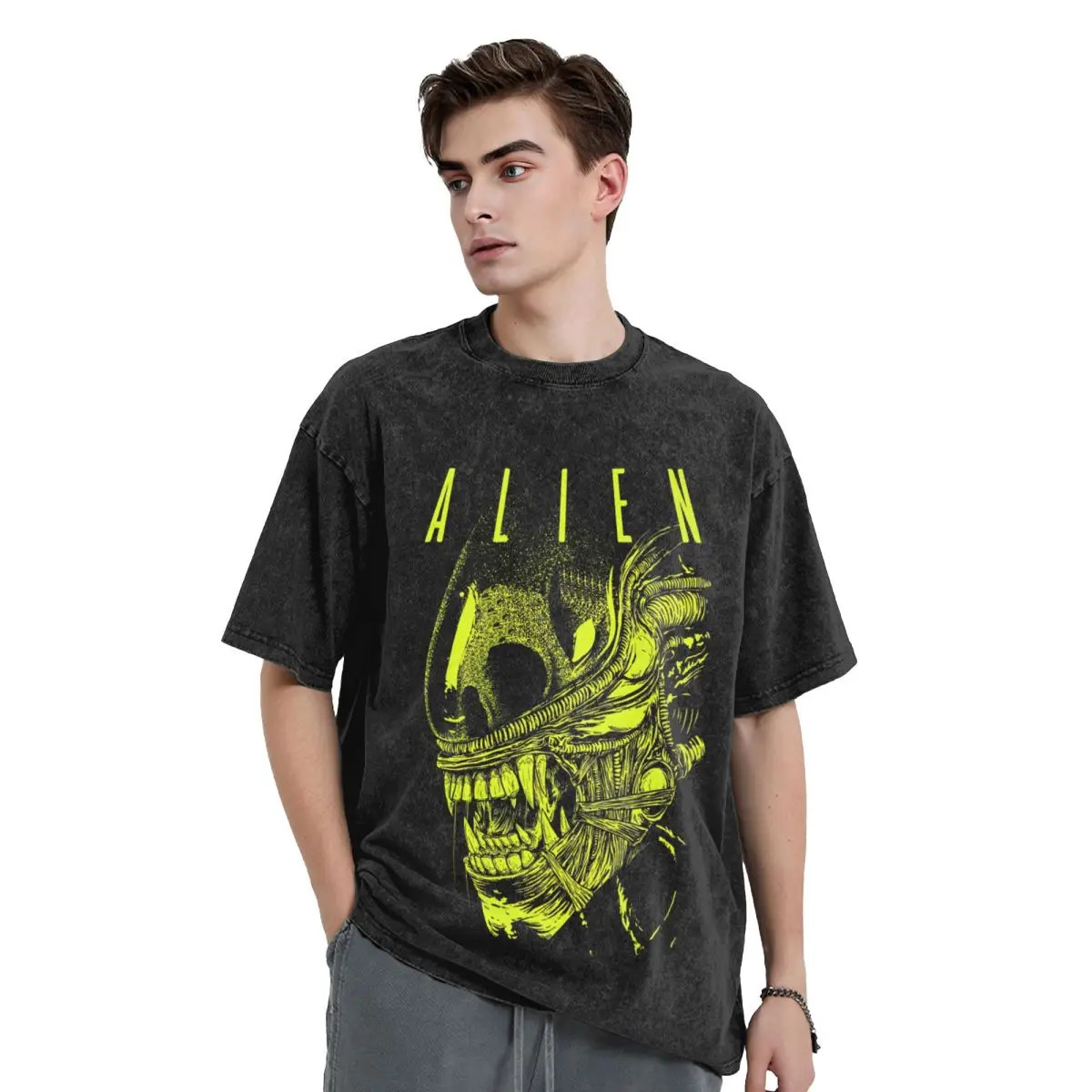 Xenomorph Essential Alien Mencosy woman Men Washed stamping Print T-ShirtHarajuku Cotton Tshirt Summer Short Sleeve Tees 250117