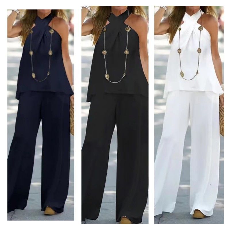 Women's New Fashion Casual Backless Solid Color Sleeveless Wide-Leg Pants Two-Piece Suit