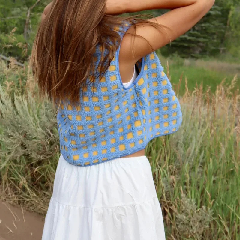 Women Sherpa Fleece Vest Checkered Sleeveless Zip Up Warm Cardigan Polar Fleece Tank Jacket with Chest Pocket Cardigan waistcoat 250113