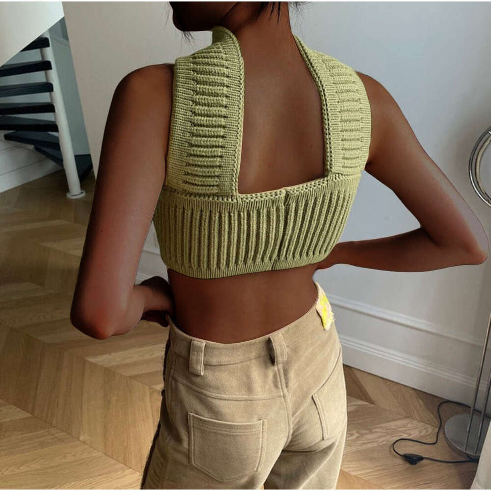 popular European American women's sexy vacation hanging neck, rabbit veet knitted sweater, strapless vest top, 2025 new style, chic and elegant c