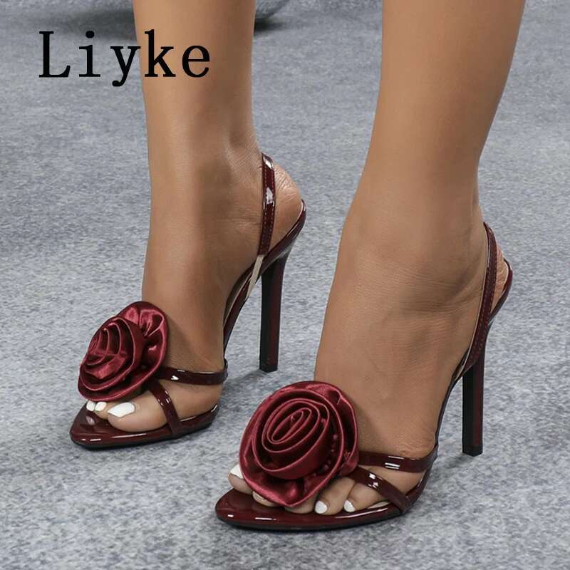 Liyke 2025 Summer Open Toe Slip On Back Strap Sandals Women Fashion Rose Wers Designer High Heels Ladies Party Dress Shoes