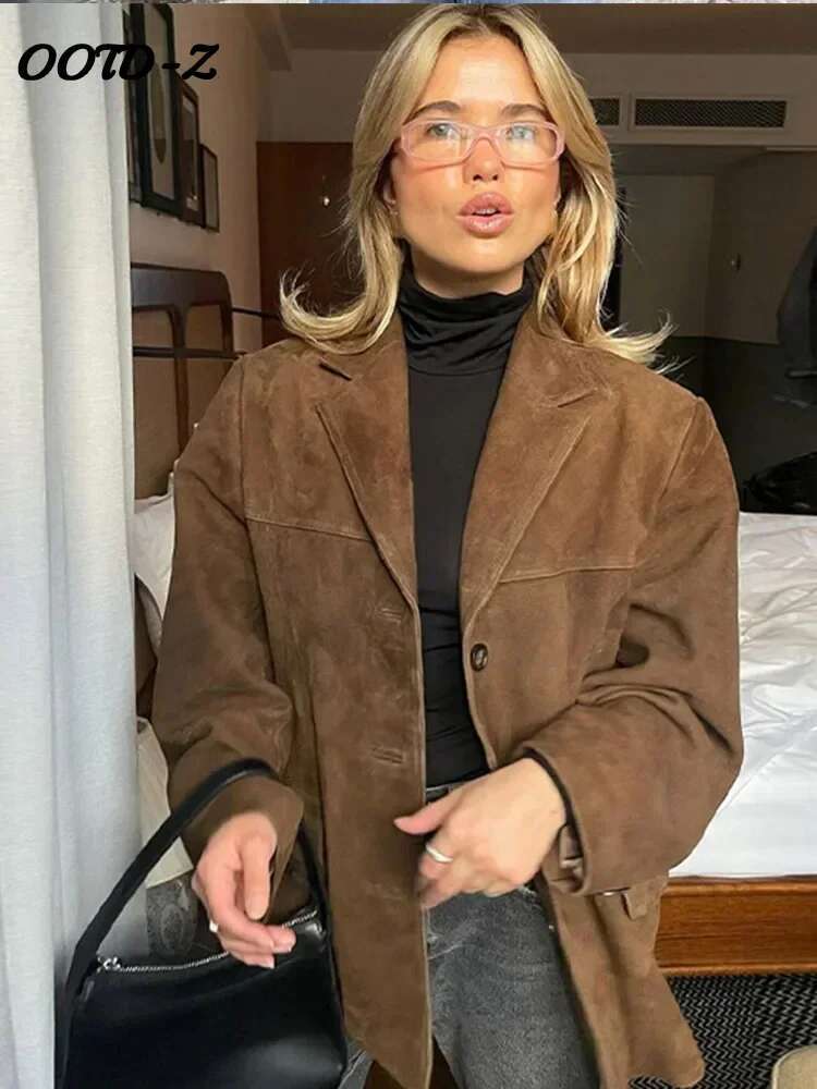 Boyfriend Brown Coat For Women Spring Turndown Collar Long Sleeve Female Jacket 2025 Fashion Loose Single-Breasted Lady Coats