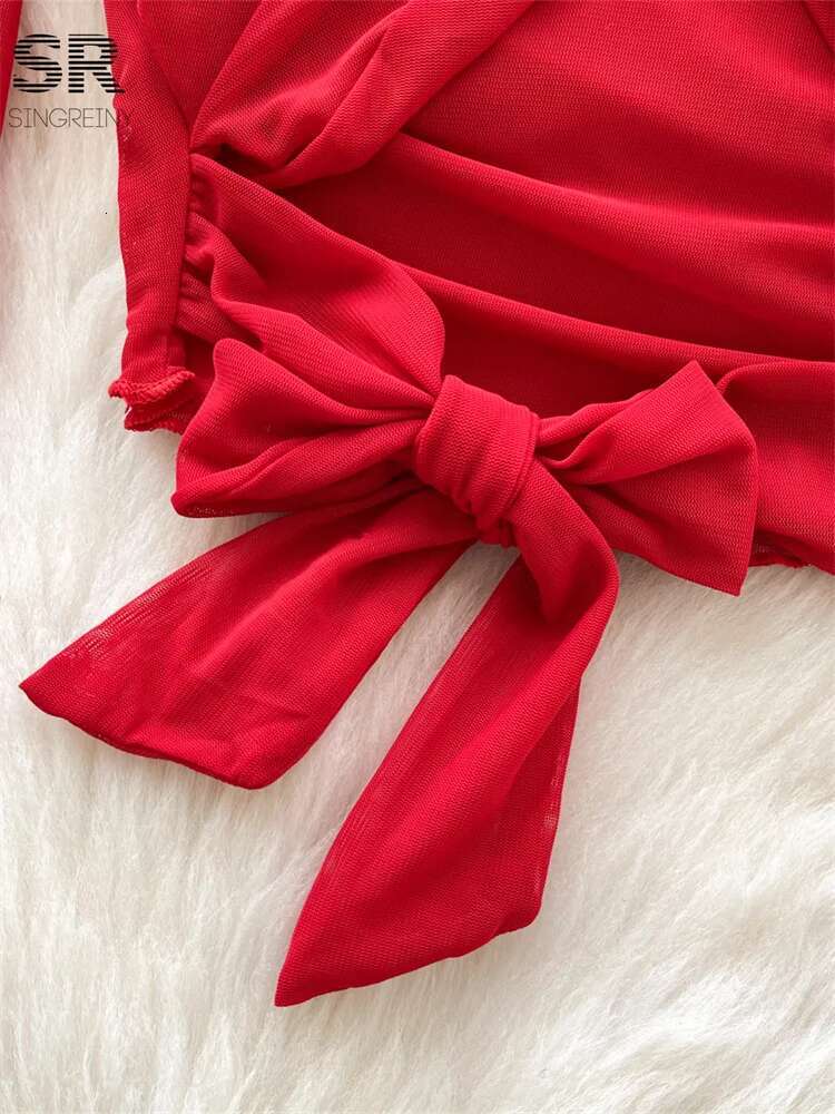 Sexy Bow Design Tops Long Sleeve Halter Shirt Streetwear 2025 Spring Newest Solid Mesh Criss-Cross Sheer Basics Blouse