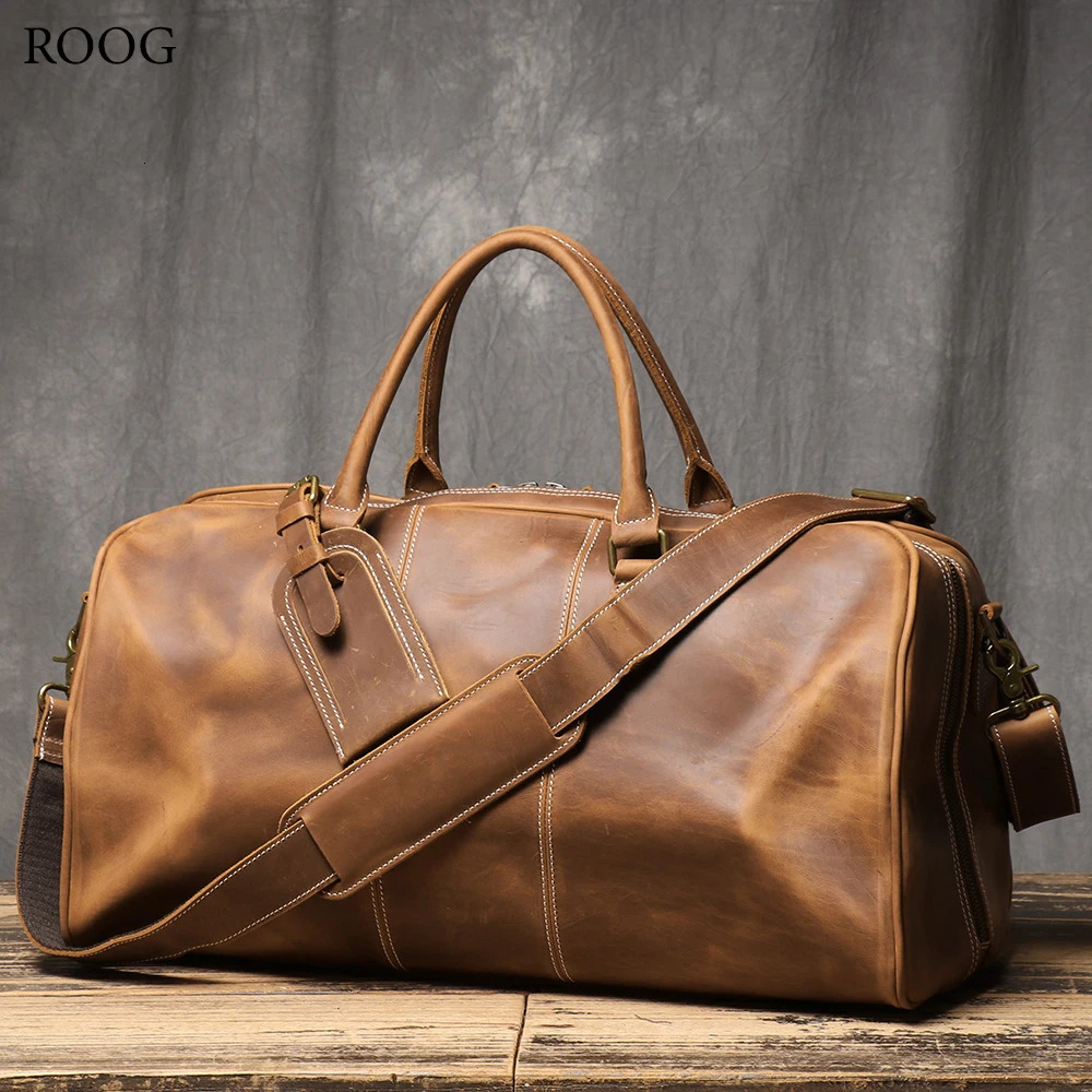 ROOG Premium Vintage Leather Tote Bag Rugged First Layer Cowhide Large Capacity Duffle for Travel Stylish Crossbody 250114