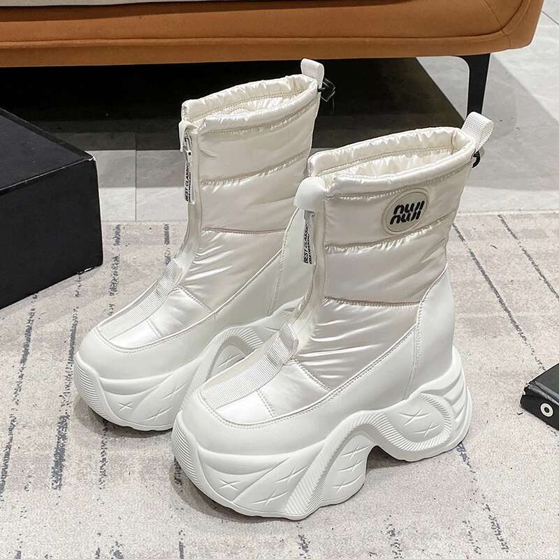 Winter Women's Fur Snow Keep Warm Chunky Short Boots Outdoor Plush Mid-Calf Shoes 10Cm Platform Anti-Skid Leather Sneakers