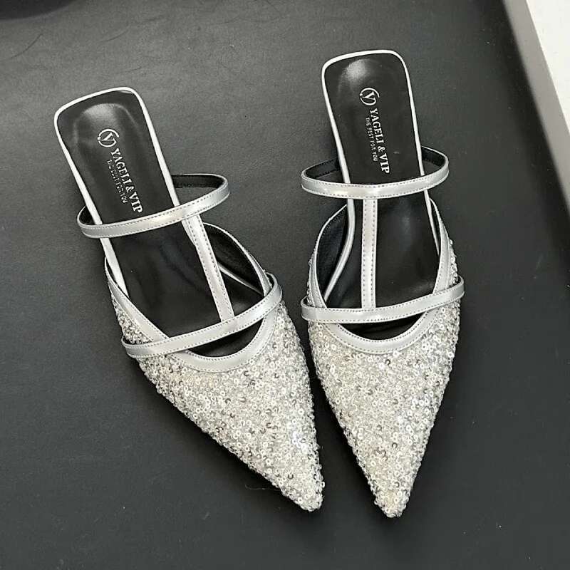 Summer Pointed Toe Mules Women Low Heel Shiny Dress Shoe Female Shallow Comfy Fashion Sgback Sandals Atos De Mujer