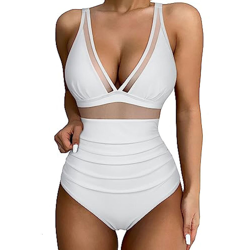 Mesh patchwork jumpsuit sexy tight fitting high waisted swimsuit backless bikini