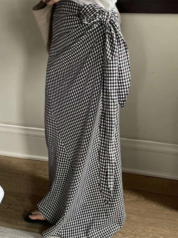 Korean Bowknot Laceup Aline Skirt for Women Summer Black White Plaid Female Elegant Womens Long High Waist 250108