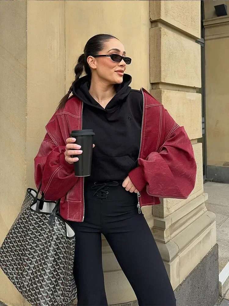 Fashion Lapel Long Sleeve Bomber Coats For Women Vintage Red Zipper Leather Jacket 2024 Autumn Winter Lady Street Casual Outwear