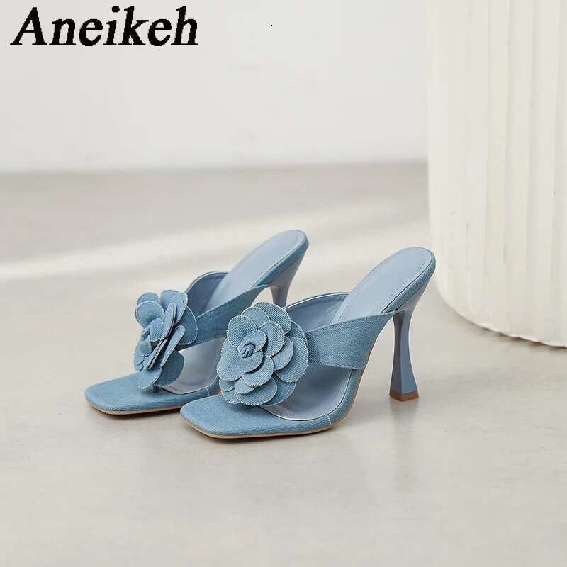 Aneikeh New Denim Wers Clip Style High Heels Sandals Summer Square Toe Slip On Fashion Designer Ladies Shoes Size 35-42