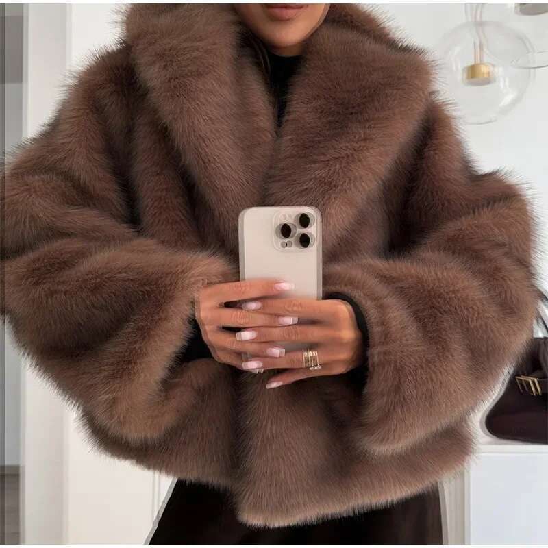 Retro Plush Bury Bomber Jacket Solid Crop Long Sleeve Outerwears Brown Oversized Lapel Faux Fur Women Woman Casual Coat