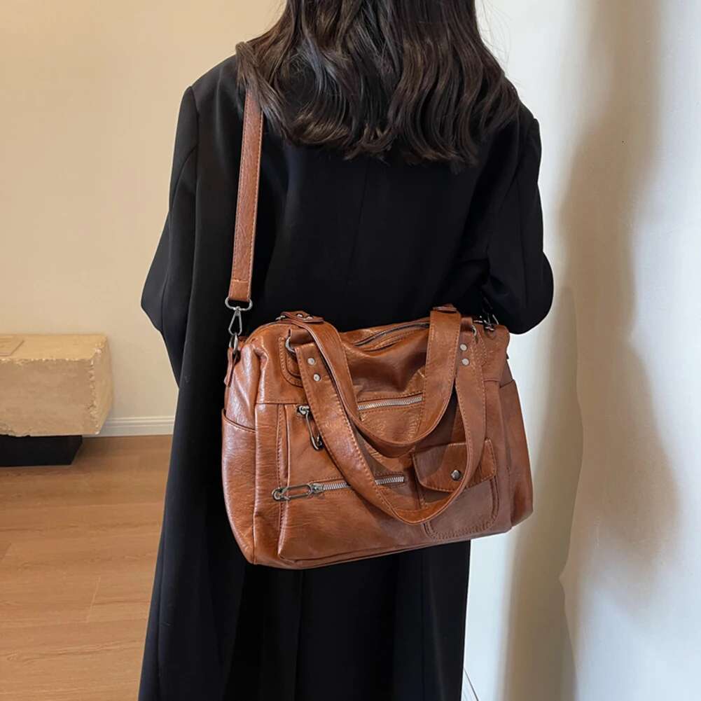 Women Casual Satchel Solid Color PU Leather Stylish Handbag Large Capacity Multi Pocket Tote Shopping Bag