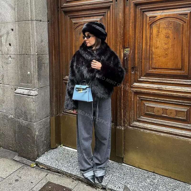 Neo Mint Street Fashion Shawl Collar Black Short Eco Jacket Women Fluffy Faux Fox Fur Coat Cool Girls 2024 Winter Overcoat