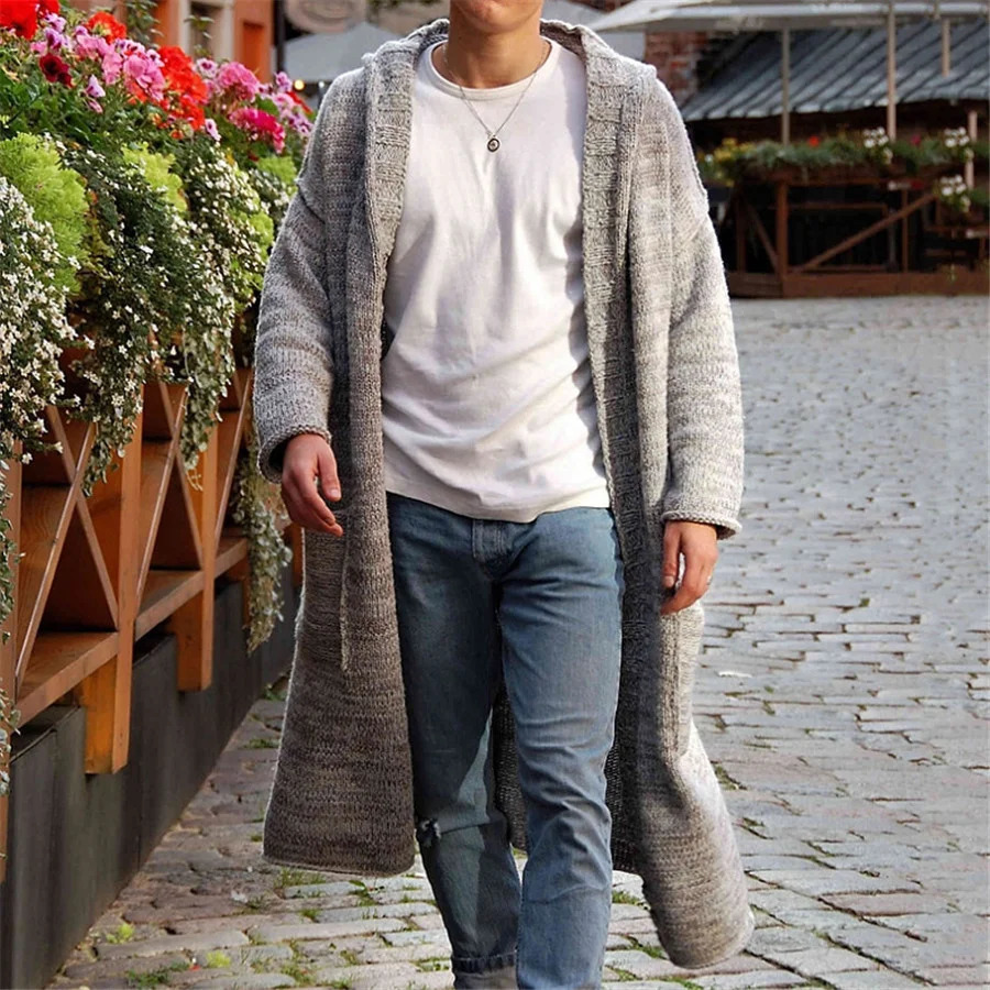 Gray Mens Knitted Cardigan Fashion Long Sweaters Male Casual Long Sleeve Outerwear Autumn Winter Warm Hoodie Loose Streetwear 250113