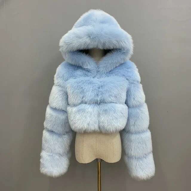 Winter Women Pink Faux Fox Coat Hooded Female Fluffy Artificial Mink Fur Jacket Zipper Outerwear Cking Cardigan