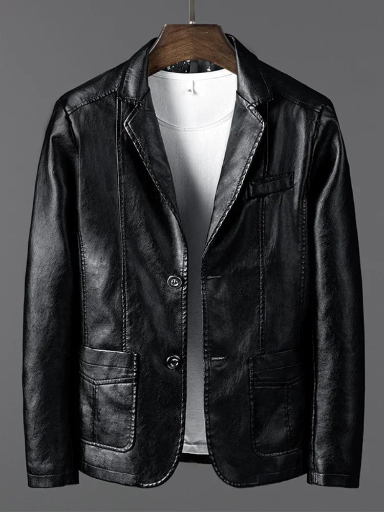 PU Leather Jackets Men Slim Fit Full Sleeve Coats Single Breasted Spliced Turn Down Collar Jacket Punk Mens Casual Male Autumn 250109