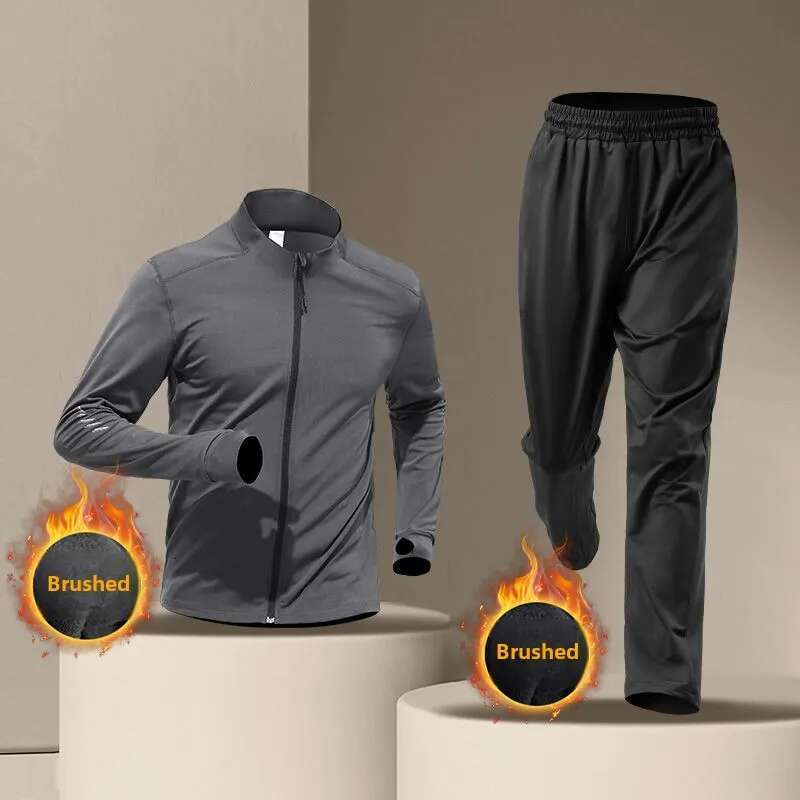 Men's Winter Running Sports Plush Warm Quick-Dry Fiess Jacket Stand Collar Morning Runs Training Mens Sweatsuits Set