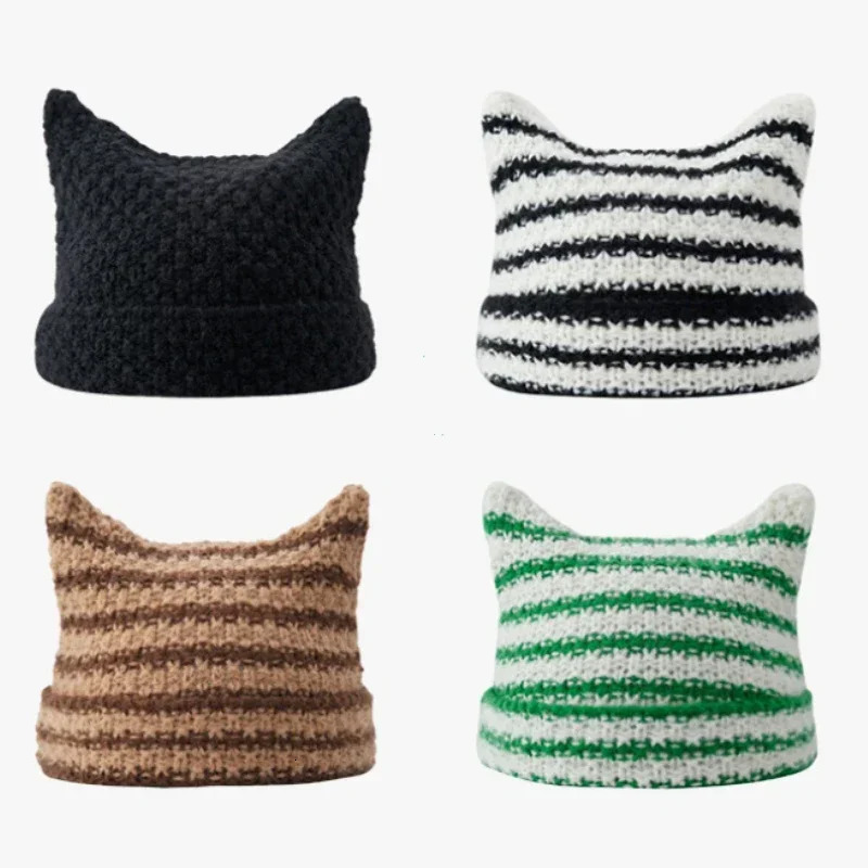 Japanese Streetwear Harajuku Beanie Little Devil Striped Knitted Hat Women Girls Autumn Winter Cute Cat Ears Cap 250118