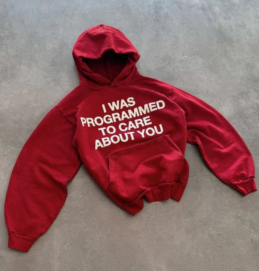 Street Hip-hop Love Graphic Printing Red Hooded Sweatshirt Y2K American Harajuku Loose Casual Sweater for Men and Women 250109