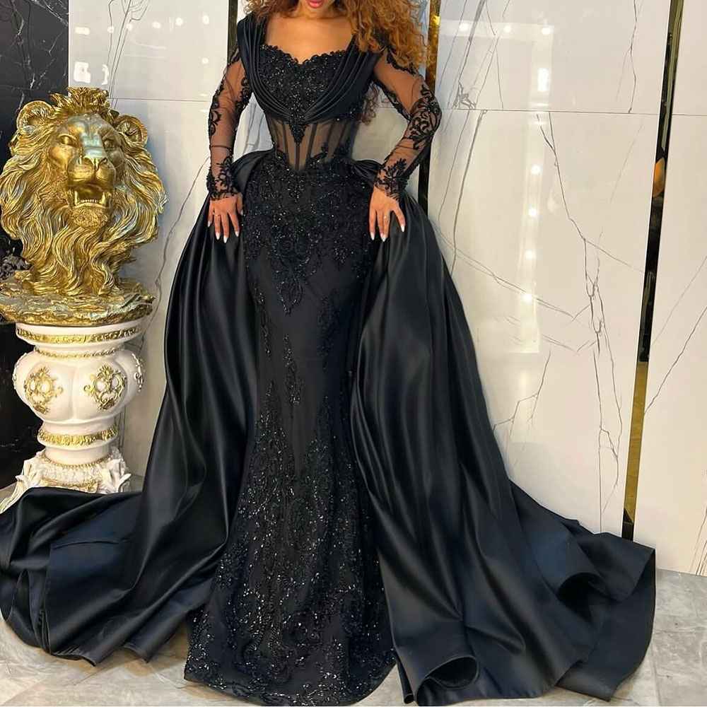 Black Mermaid Evening Dresses With Detachable Train Prom Gowns Lace Sequin Special Occasion Party Dress Long Sleeves
