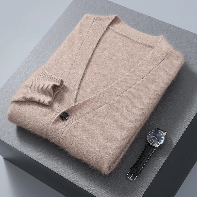 Autumn Winter Cardigan Mens V-Neck Top 100% Mink Cashmere Knitted Sweater Casual Loose Large Long Sleeved shirt Jacket 250113
