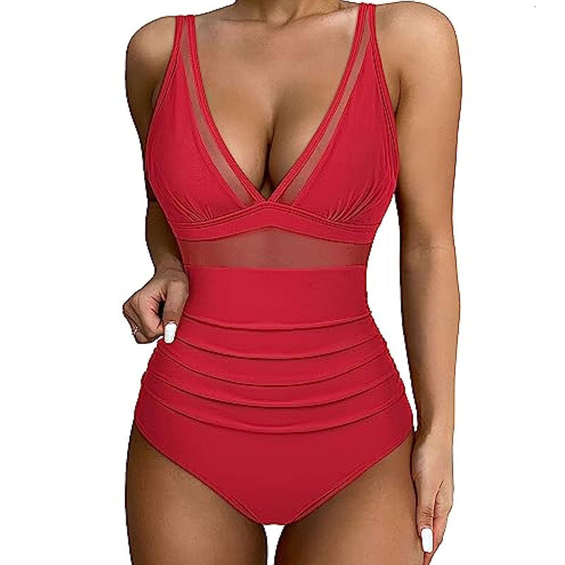 Mesh patchwork jumpsuit sexy tight fitting high waisted swimsuit backless bikini