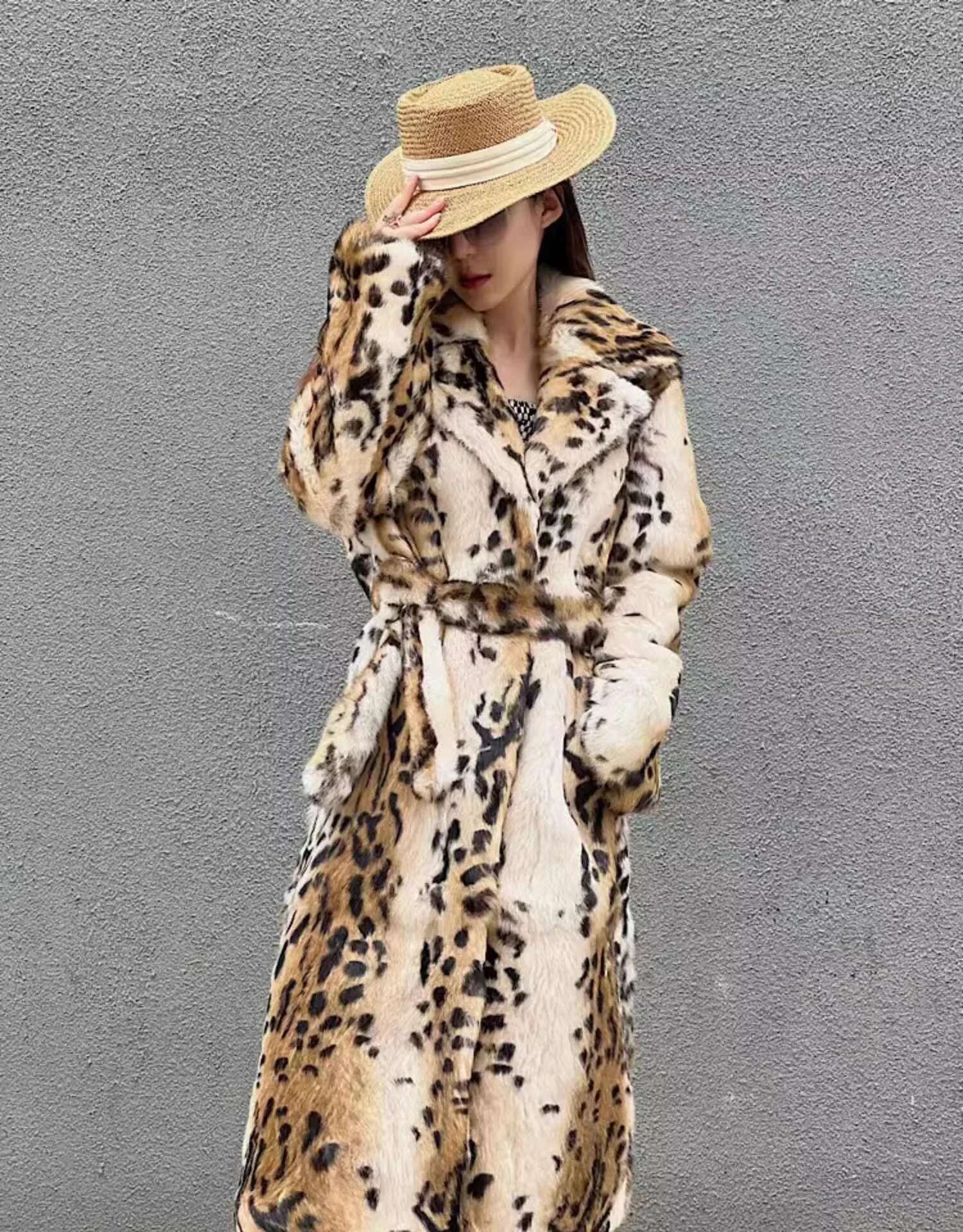 Real Genuine Natural Rabbit Fur Coat Women's Long Fashion English Collar Jacket Outwear Custom Any Size