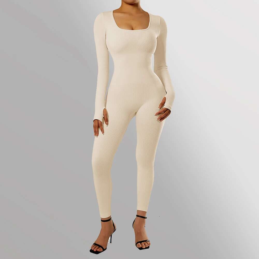 Long Sleeve Women Bodycon One-Piece Outfit Jumpsuit Square Neck Casual Streetwear Rompers Overalls Playsuits Bodysuit