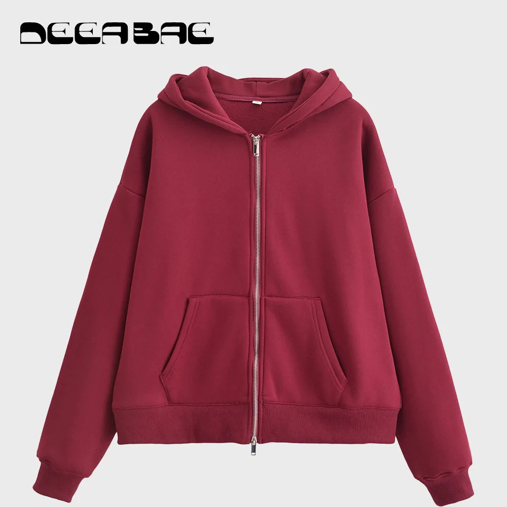 DEEABAE Tracksuits Set Women Fashionable Zipper Loose Hooded Sweatshirt High Waist Flannel Trousers Set 250113