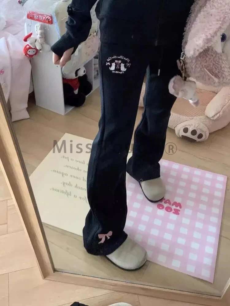 Japanese Kawaii Flare Long Pants Women Sweet High Waist Fashion Pantalon Femme Cute Cat Embroidery Slim Fit Trousers New Bottoms