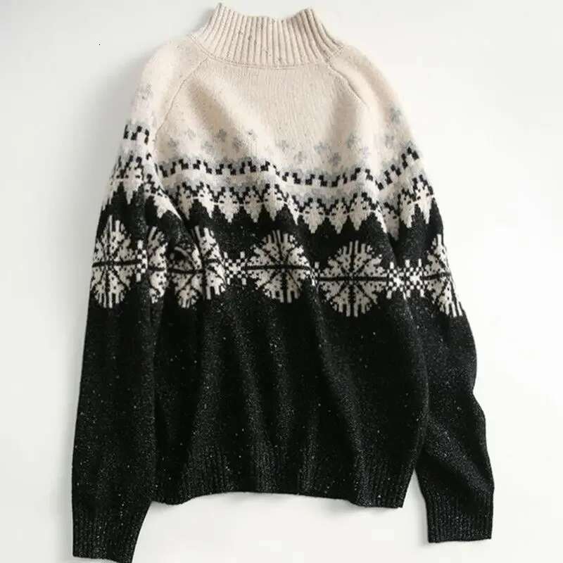 2024 Autumn Winter Women Snowflake Printed Warm Female Thick Half Turtleneck Sweater Knit All-Match Jumpers Tops F36