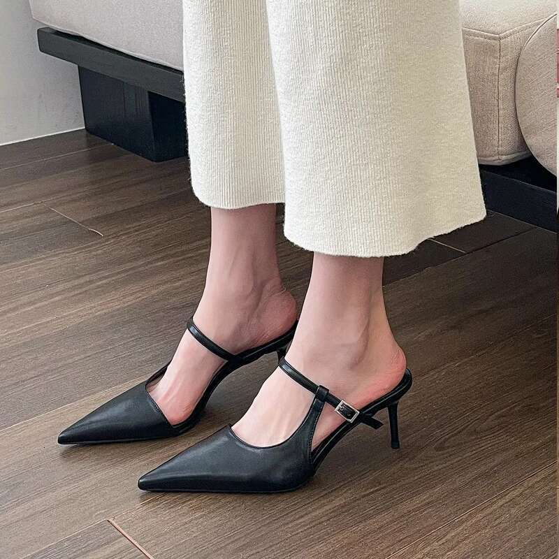 Chic Pointed Toe Stiletto Pump Sandals Woman Slip-on Mule Slides Ladies Elegant Buckle Strap High Heel Evening Party Shoes