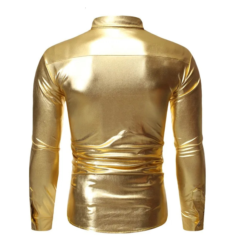 Mens sequin gold shirt solid color long sleeved stand up collar button up top nightclub dance performance wedding party shirt 250110