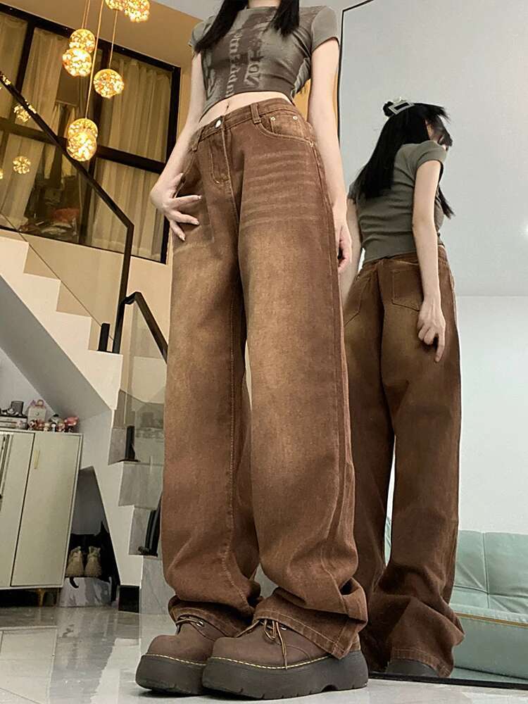 Women Brown Jeans 90S Aesthetic Y2k Vintage Baggy Denim Trouser Fashion Haruku High Waist Wide Cowboy Pants 2000S Clothes 2023