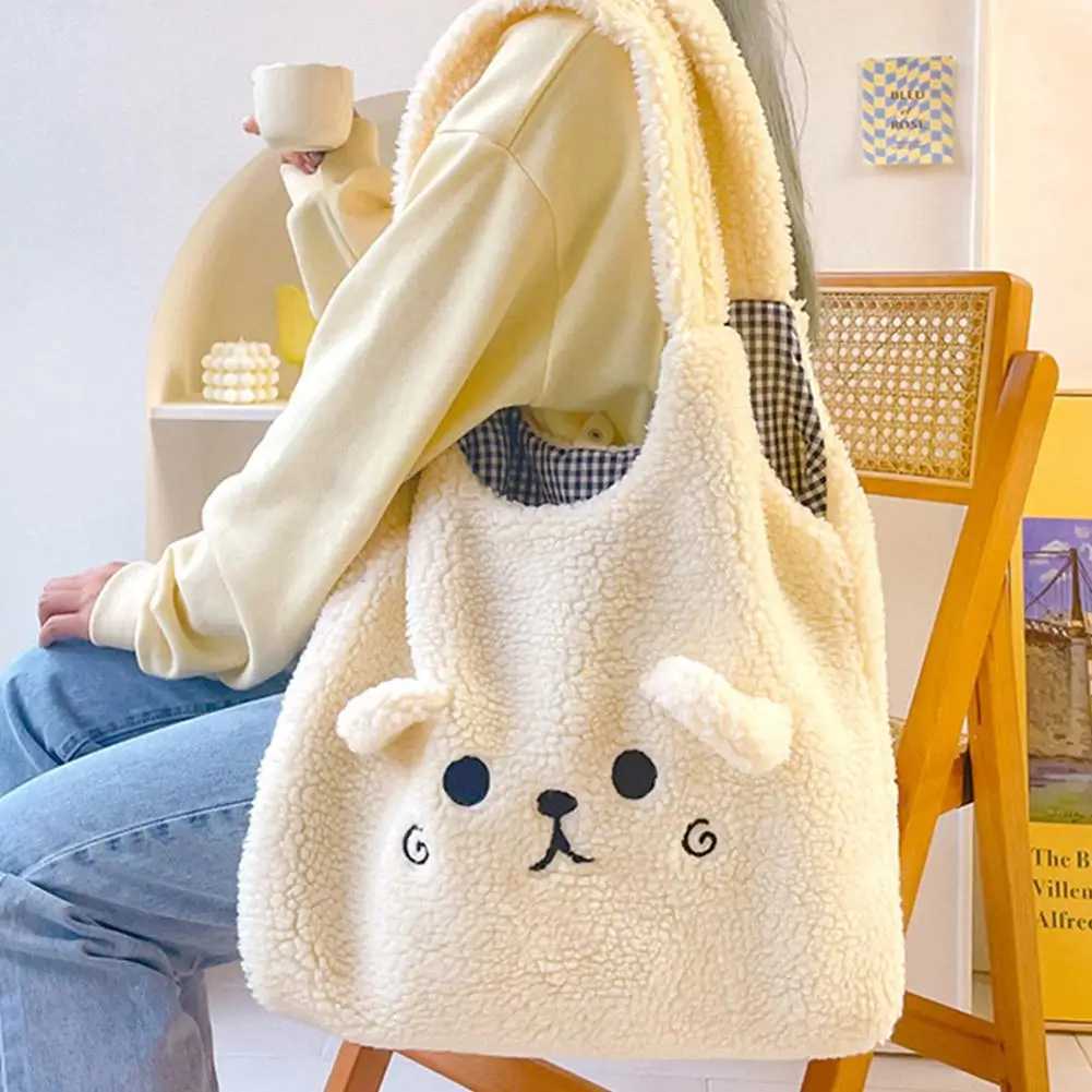 School Bag Cartoon Embroidery New Winter Soft Plush Tote Bag Shopper Bag Shoulder Bag For Women Cute T250118