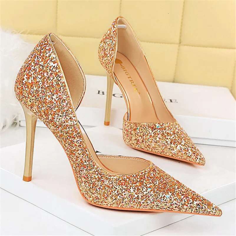 Women 7Cm 10.5Cm High Elegant Blue Pumps Sexy Sequins Bg Mid Heels Lady Scarpins Stiletto Sparkly Party Shoes