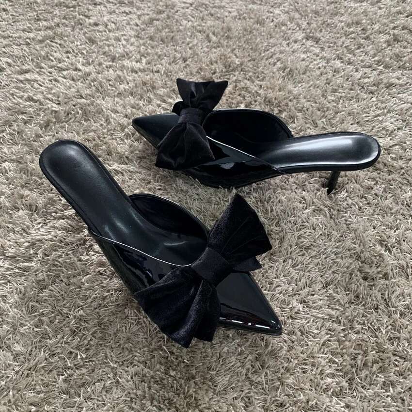 2024 New Womens Butterfly Knot Sandal Shoes Woman Heel Shoe Black Leather High Heels Party Slippers Pumps Sandals